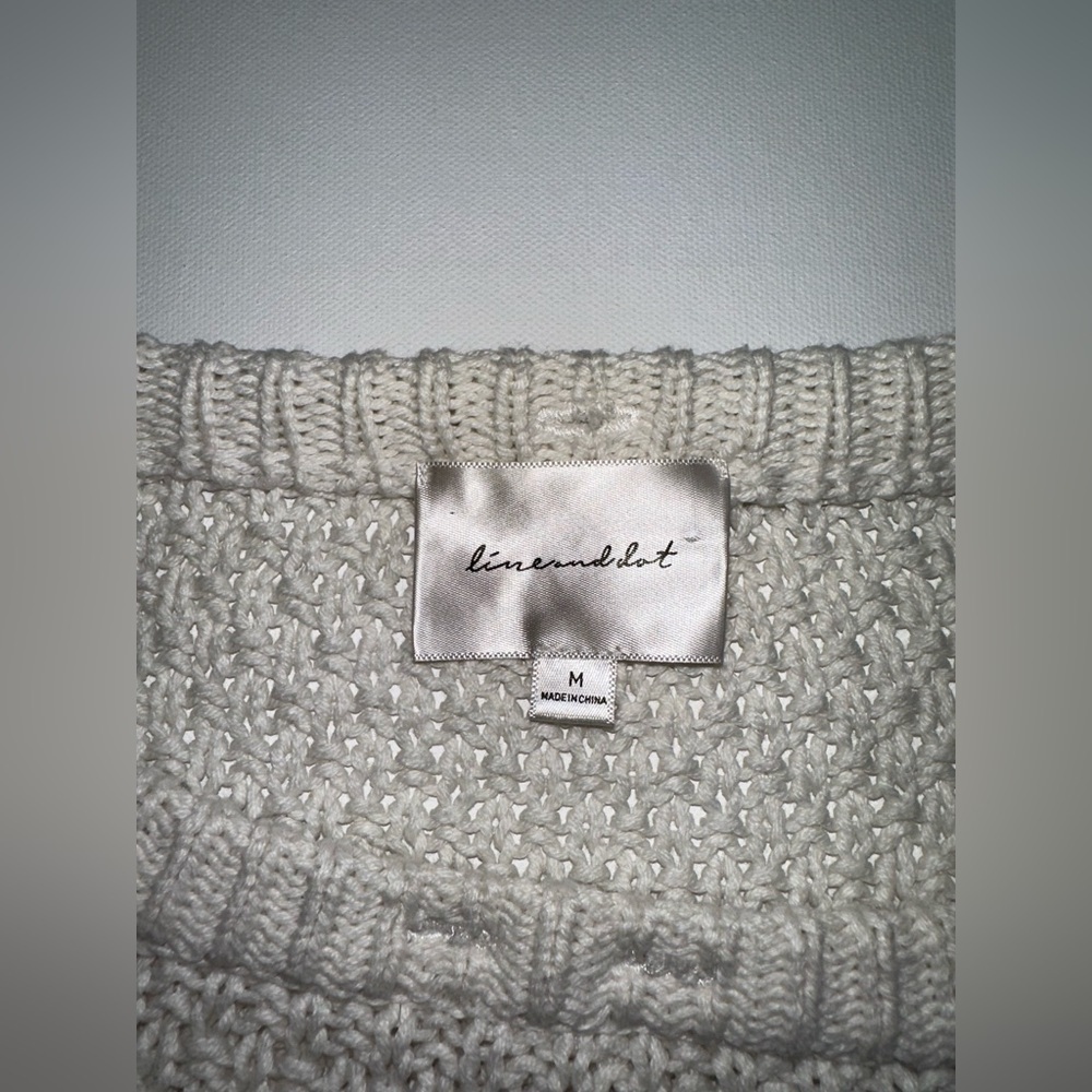 Line & Dot White Cable Knit Sweater Size M Bishop Sleeves Cotton Open Weave Cozy - Picture 4 of 9
